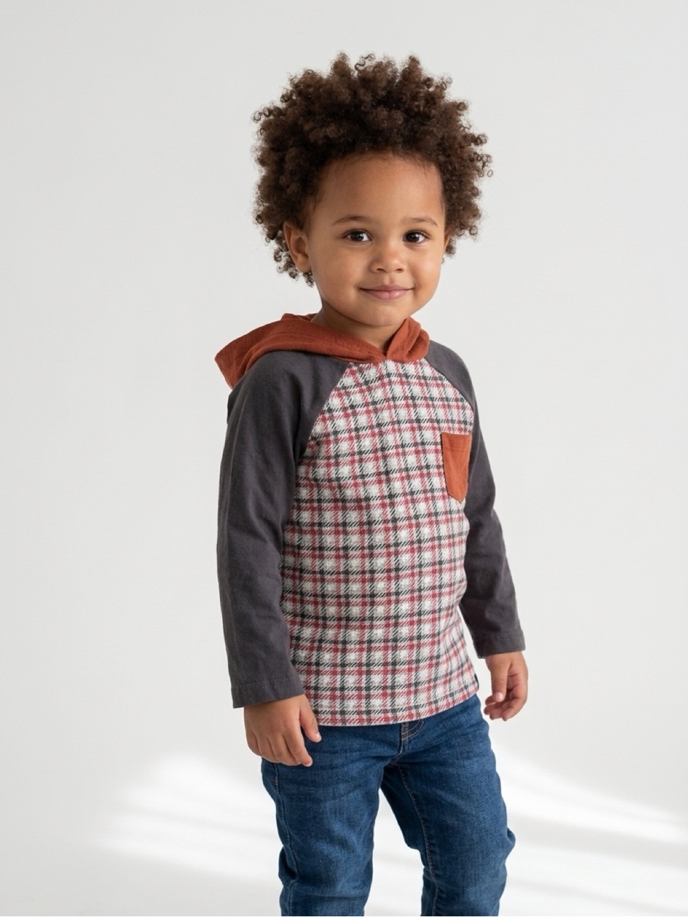 deux par deux Rust Hooded Plaid Raglan Top with Charcoal Sleeves